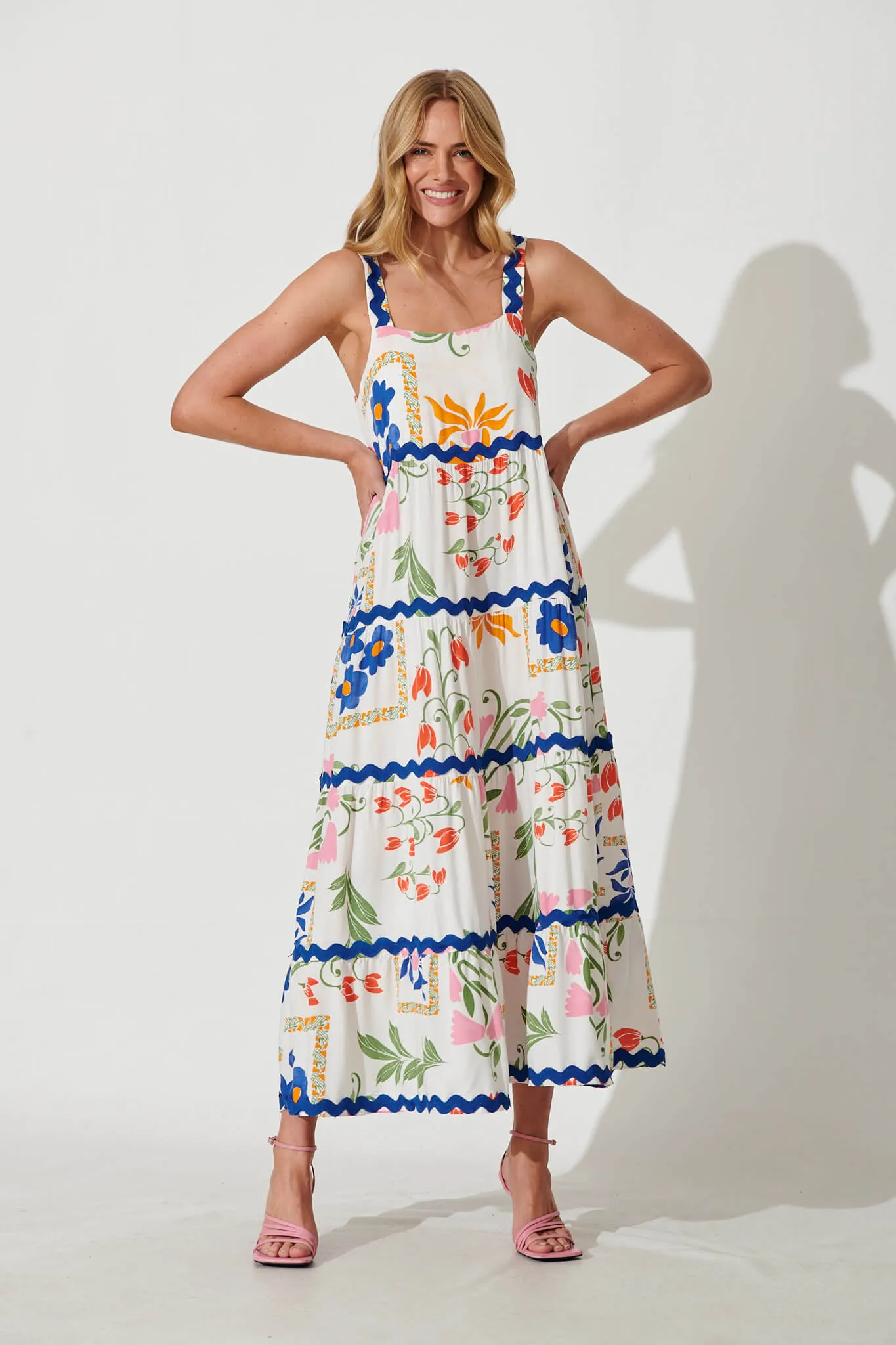 Chantal Maxi Dress In White Floral And Cobalt Ric Rac Trim sold by St Frock product image thumbnail 5