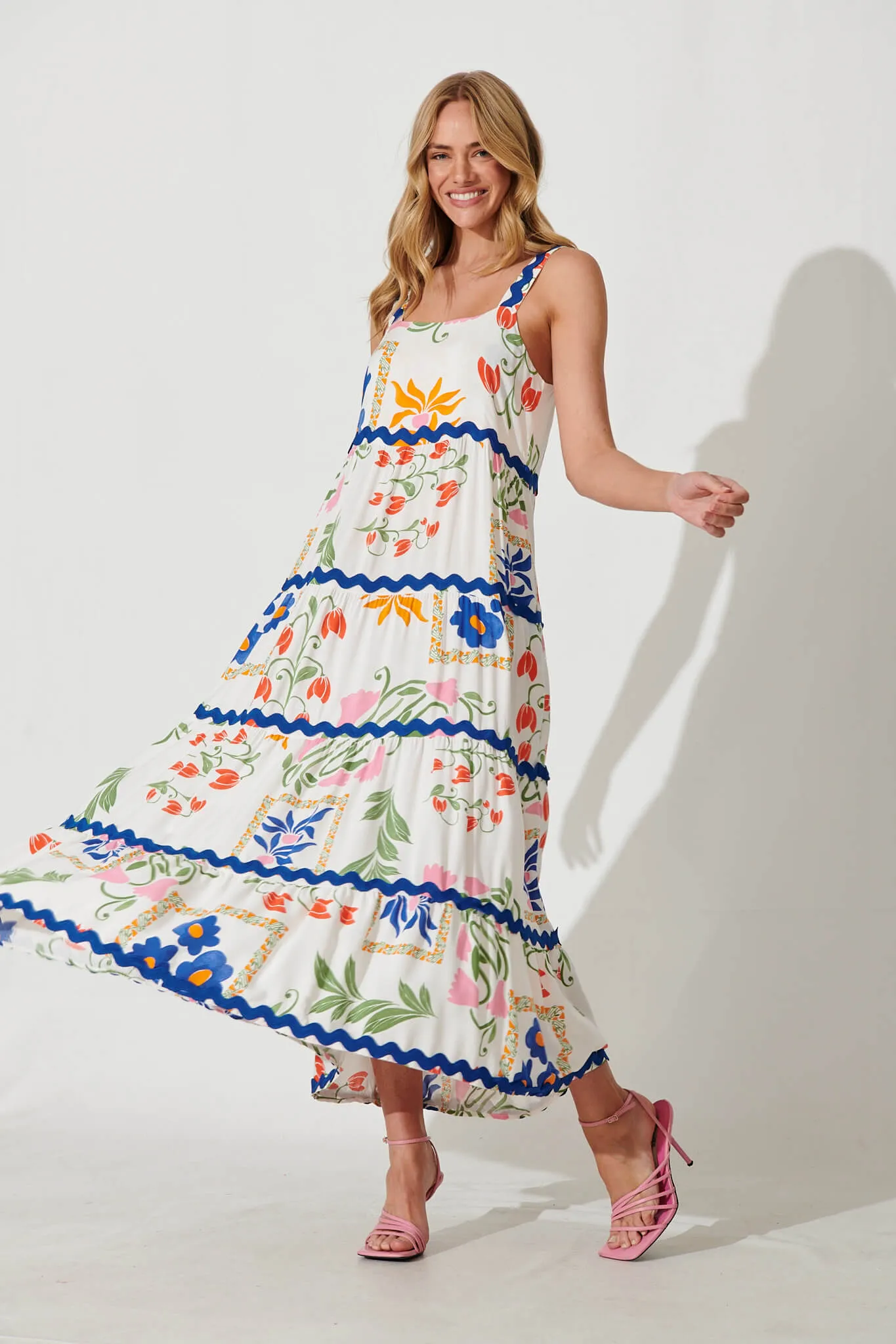Chantal Maxi Dress In White Floral And Cobalt Ric Rac Trim sold by St Frock