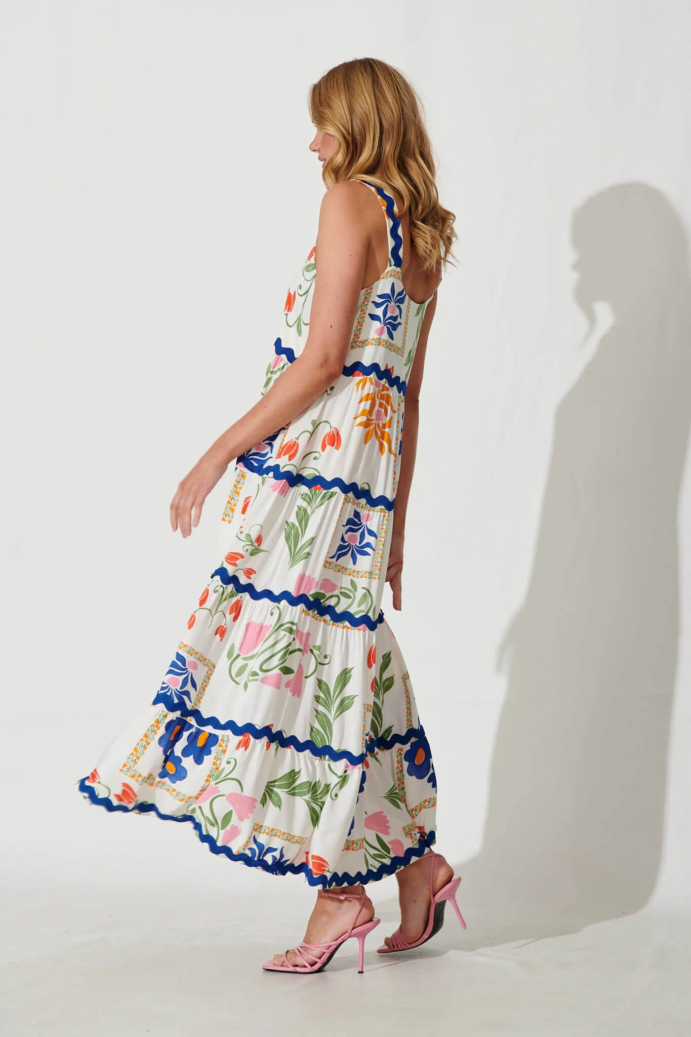 Chantal Maxi Dress In White Floral And Cobalt Ric Rac Trim sold by St Frock product image thumbnail 3