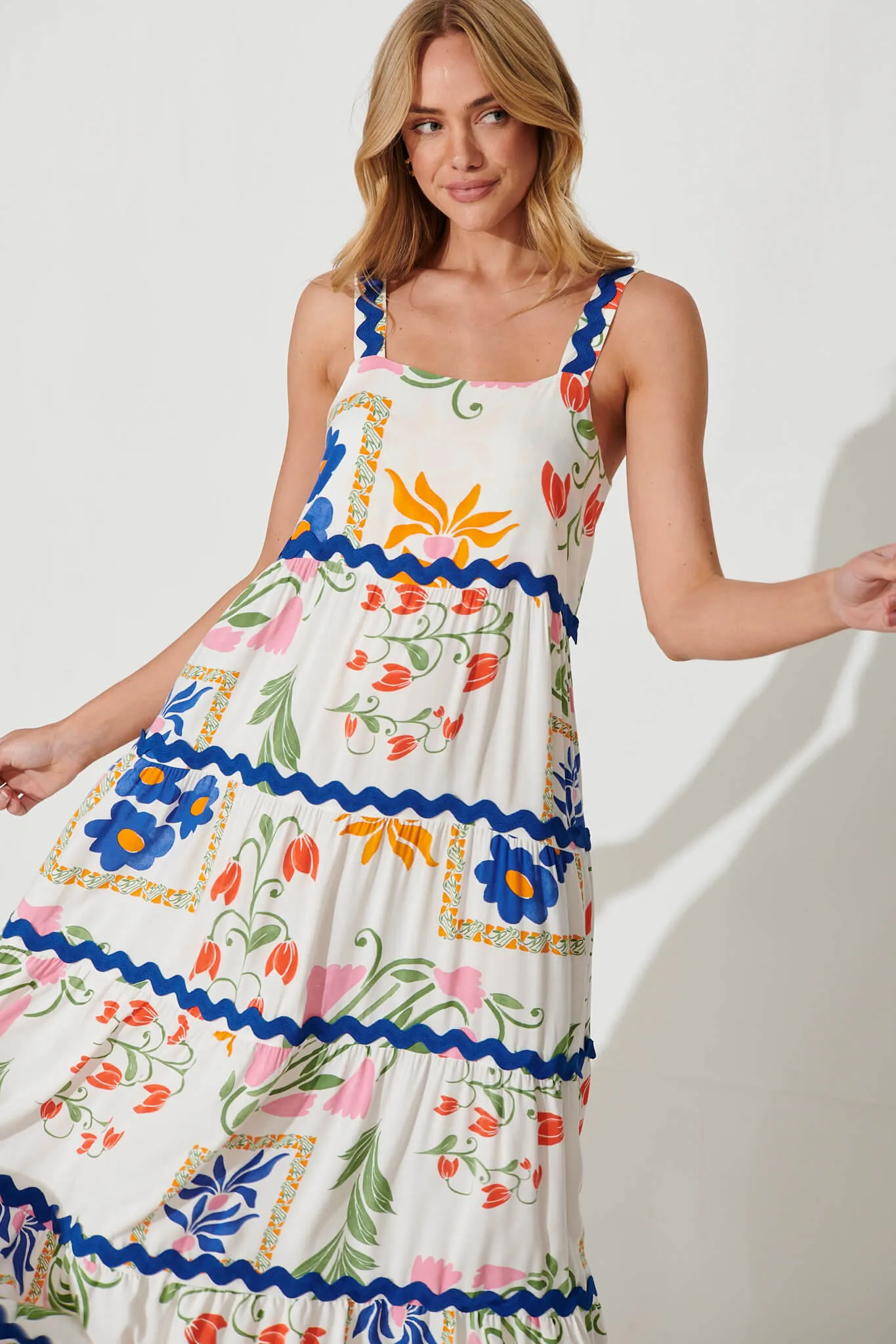 Chantal Maxi Dress In White Floral And Cobalt Ric Rac Trim sold by St Frock product image thumbnail 2