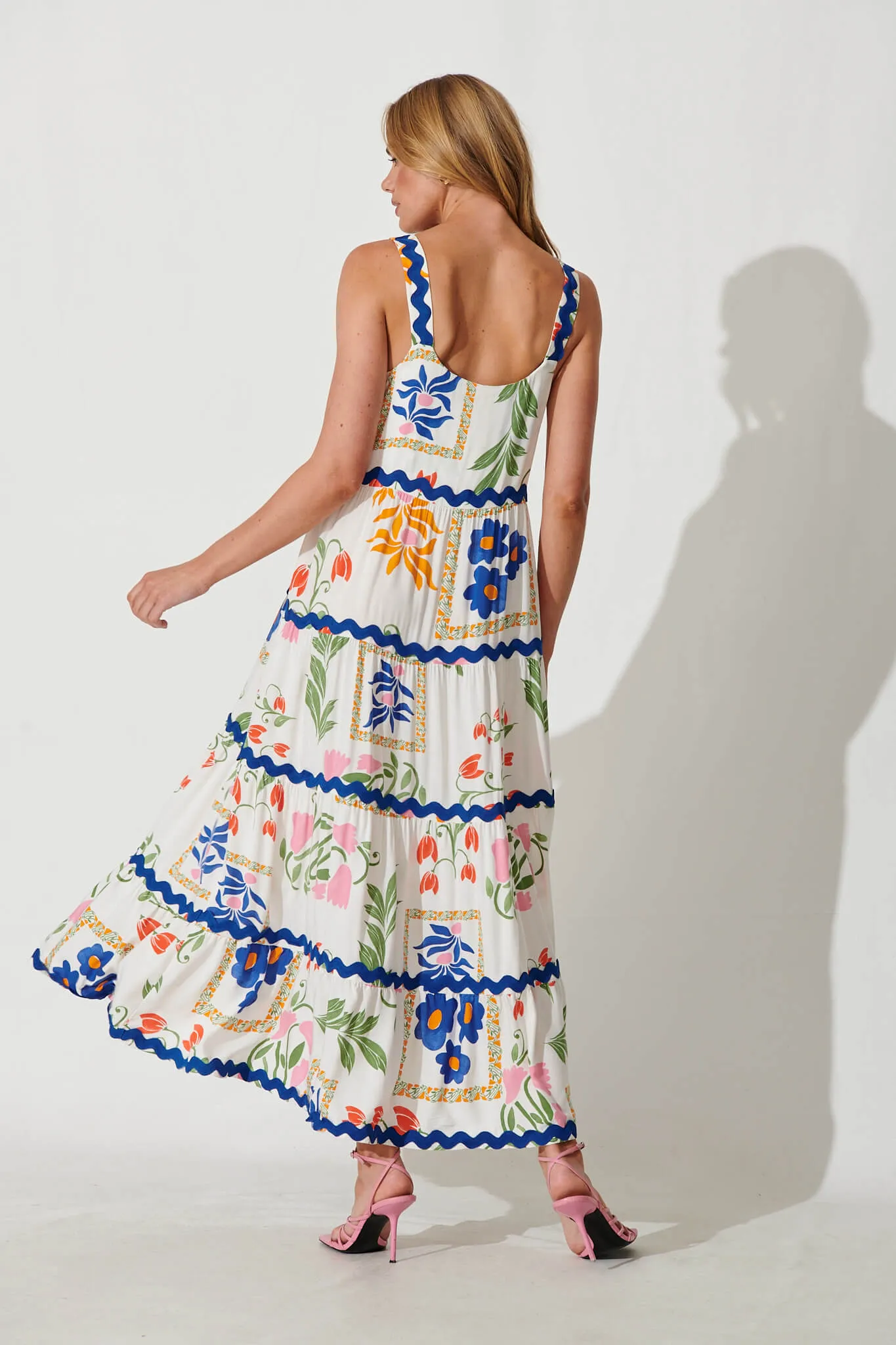 Chantal Maxi Dress In White Floral And Cobalt Ric Rac Trim sold by St Frock product image thumbnail 4