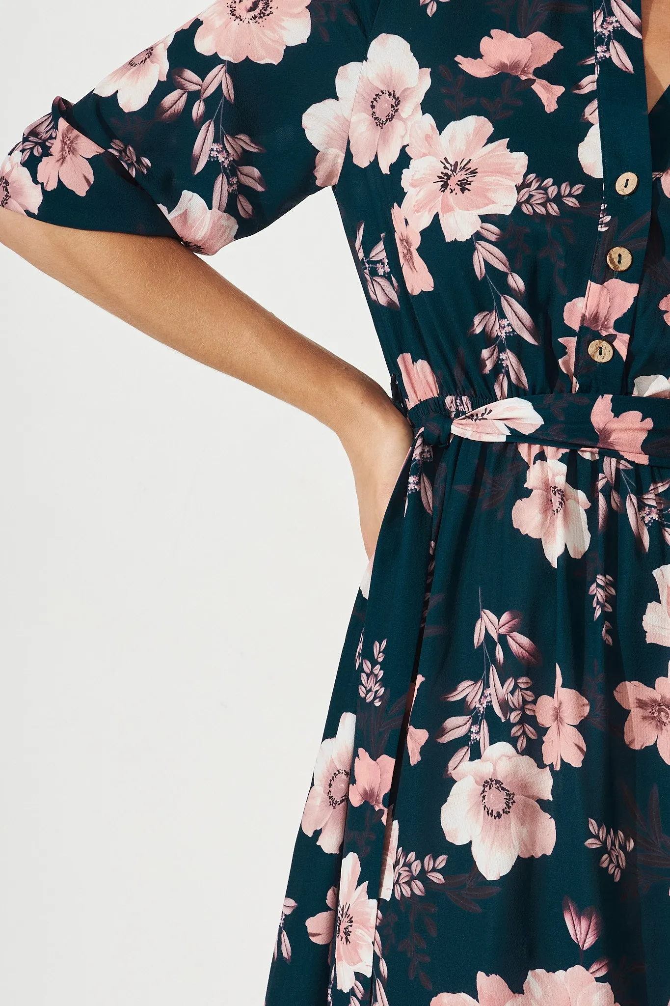 Jemimah Midi Dress In Teal With Blush Floral sold by St Frock product image thumbnail 5