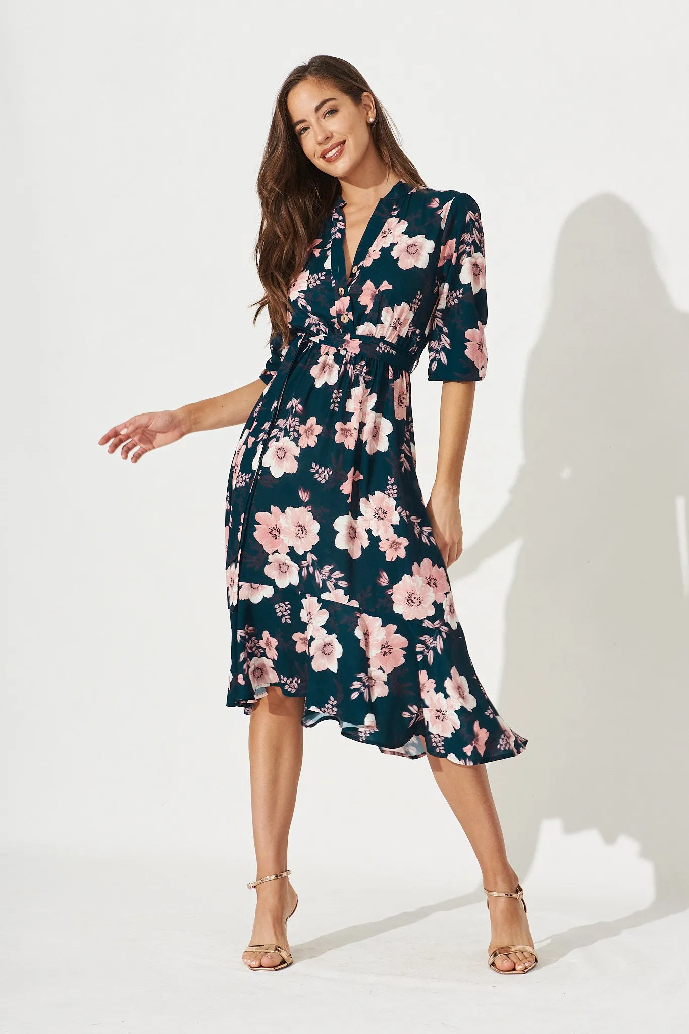 Jemimah Midi Dress In Teal With Blush Floral sold by St Frock