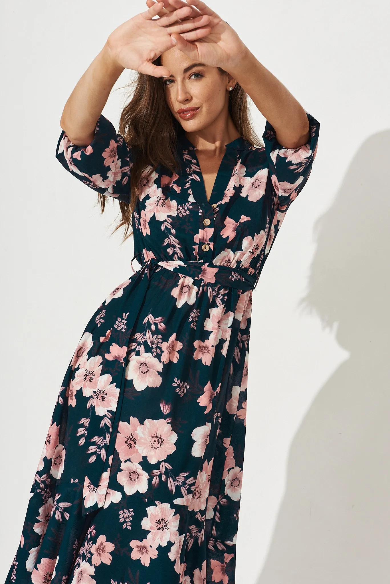 Jemimah Midi Dress In Teal With Blush Floral sold by St Frock product image thumbnail 2
