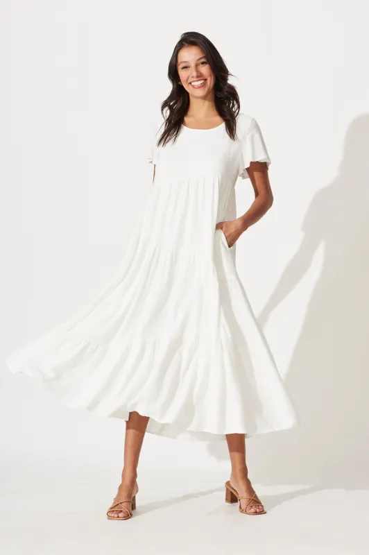 Louisiana Midi Smock Dress In White Linen Blend sold by St Frock