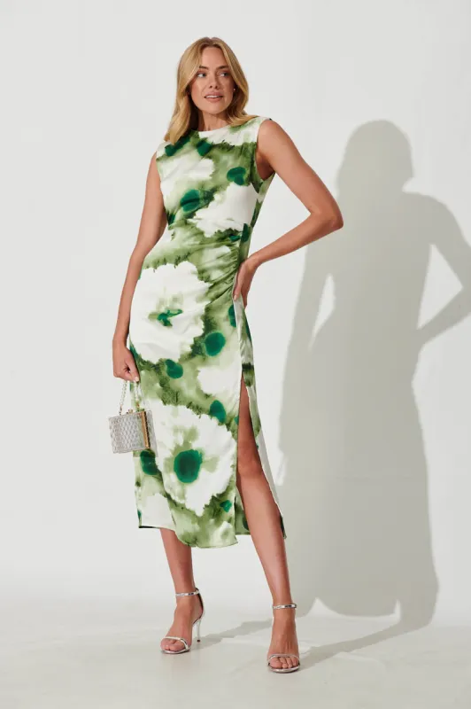 Wonderful World Maxi Dress In Cream With Green Watercolour Satin sold by St Frock