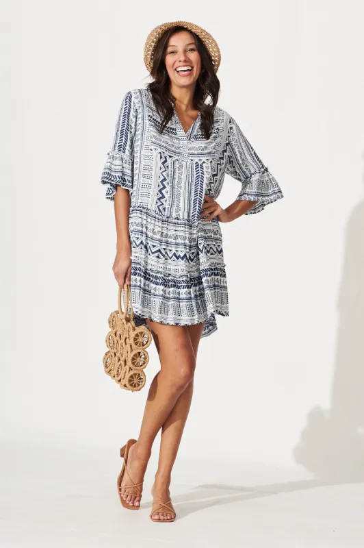 Tesoro Smock Dress In White With Blue Print sold by St Frock
