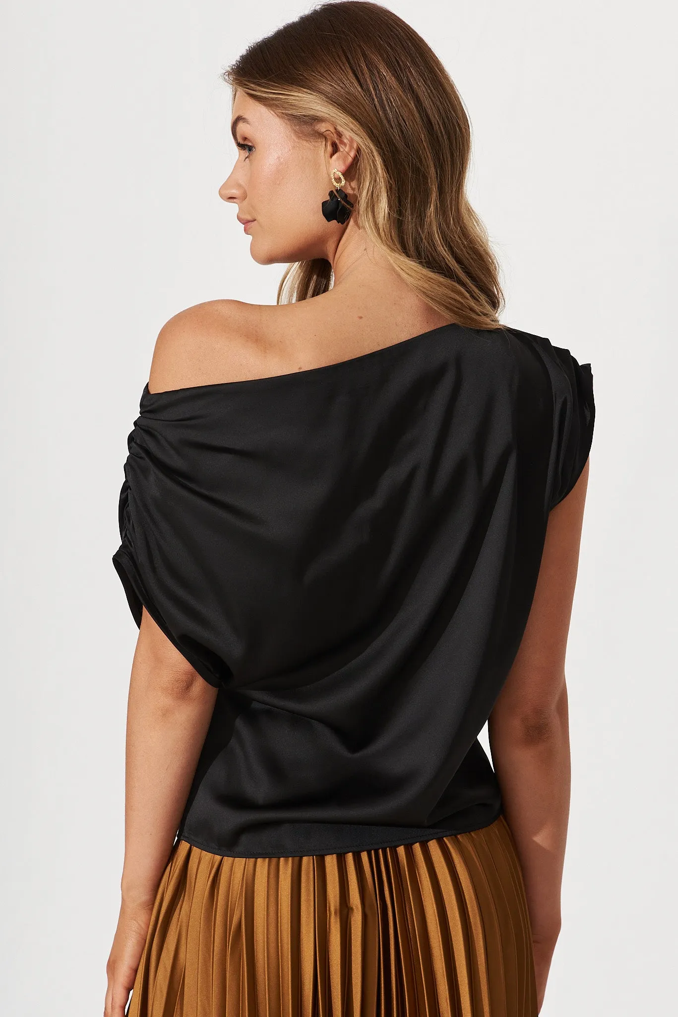 Liana Off Shoulder Top In Black Satin sold by St Frock product image thumbnail 5