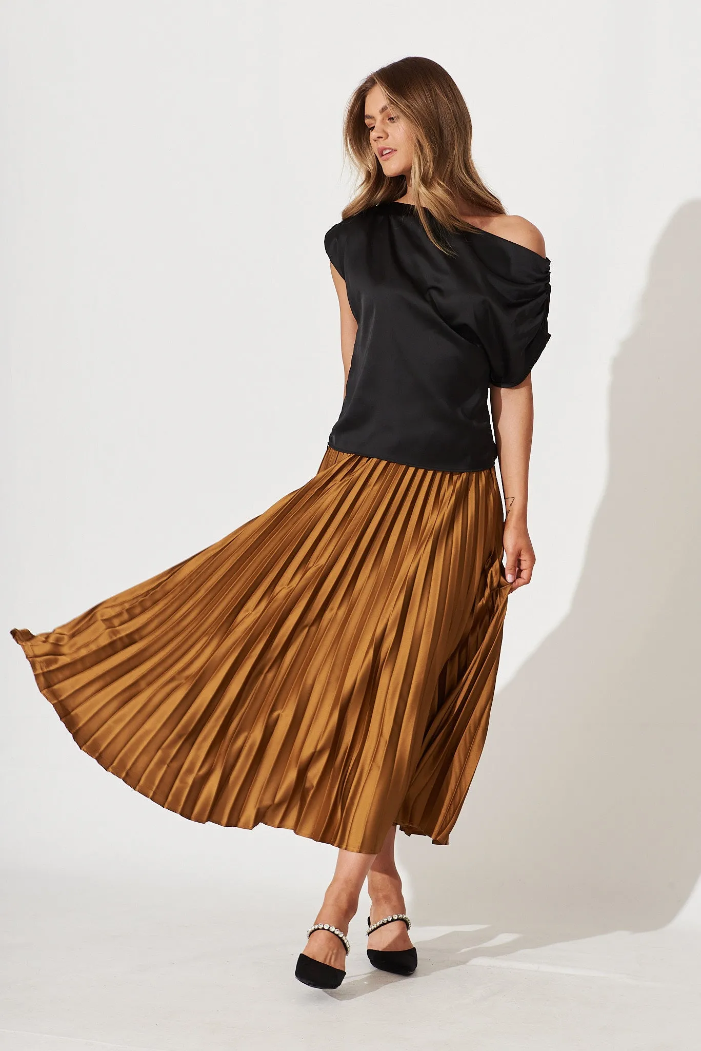 Liana Off Shoulder Top In Black Satin sold by St Frock product image thumbnail 3