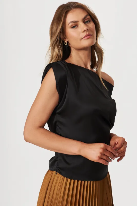 Liana Off Shoulder Top In Black Satin sold by St Frock