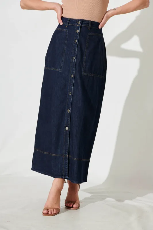Hayden Maxi Denim Skirt In Dark Blue sold by St Frock