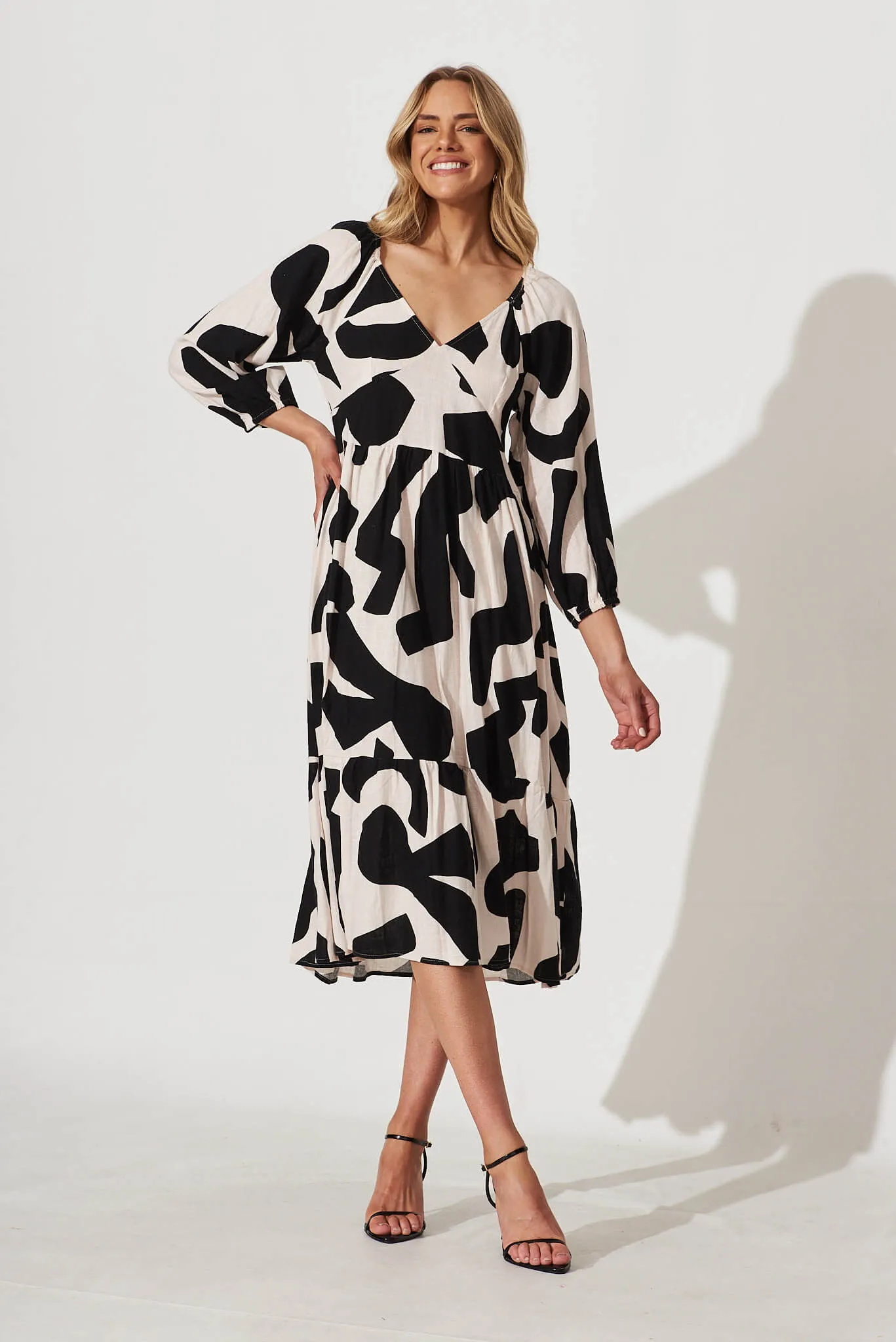 Vega Midi Dress In Cream And Black Geo Print Linen Blend sold by St Frock