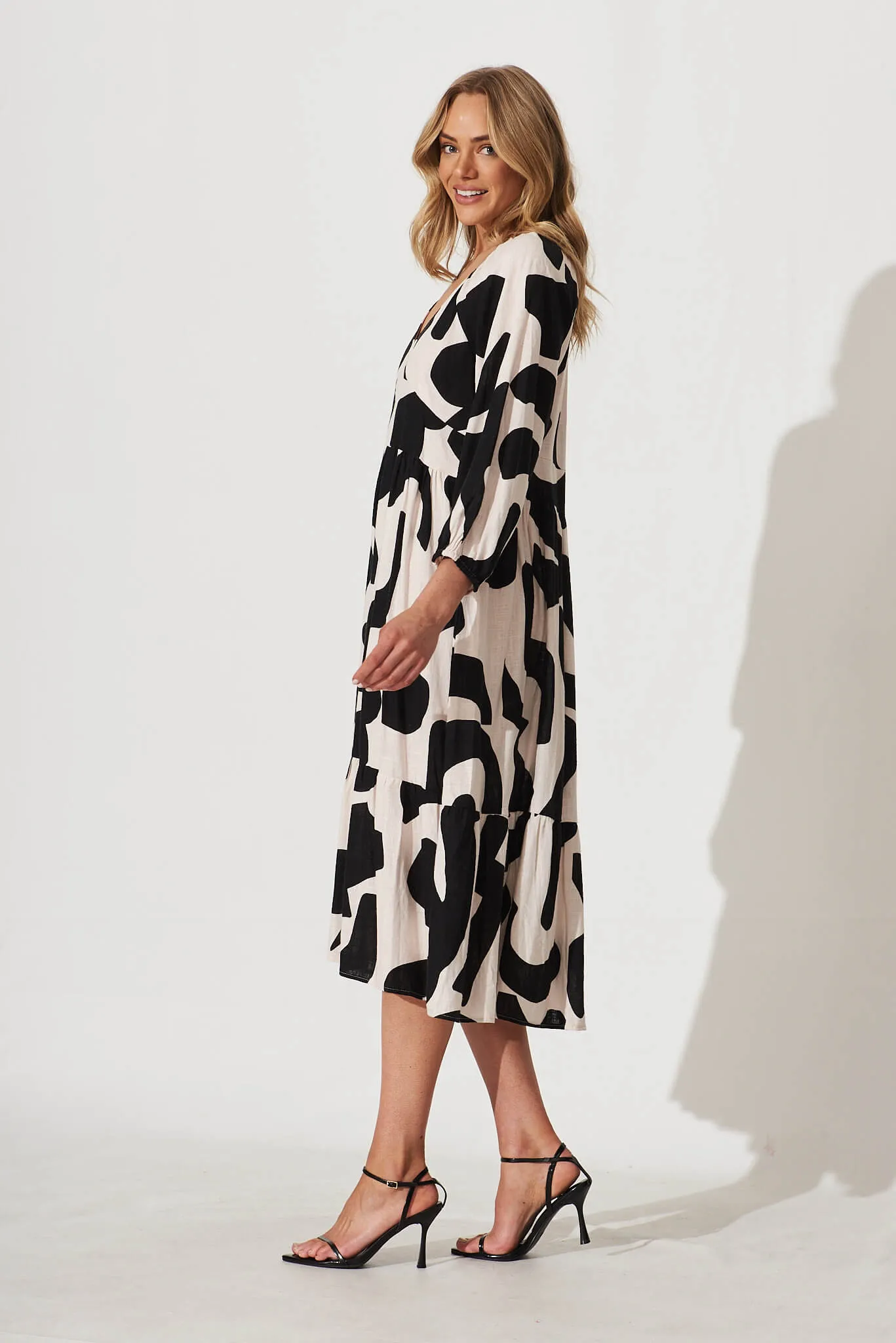 Vega Midi Dress In Cream And Black Geo Print Linen Blend sold by St Frock product image thumbnail 3