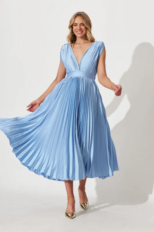 Anette Midi Dress In Pleated Pale Blue Satin sold by St Frock