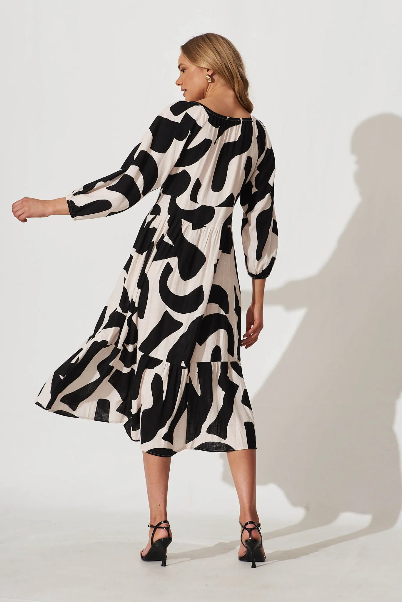Vega Midi Dress In Cream And Black Geo Print Linen Blend sold by St Frock product image thumbnail 4