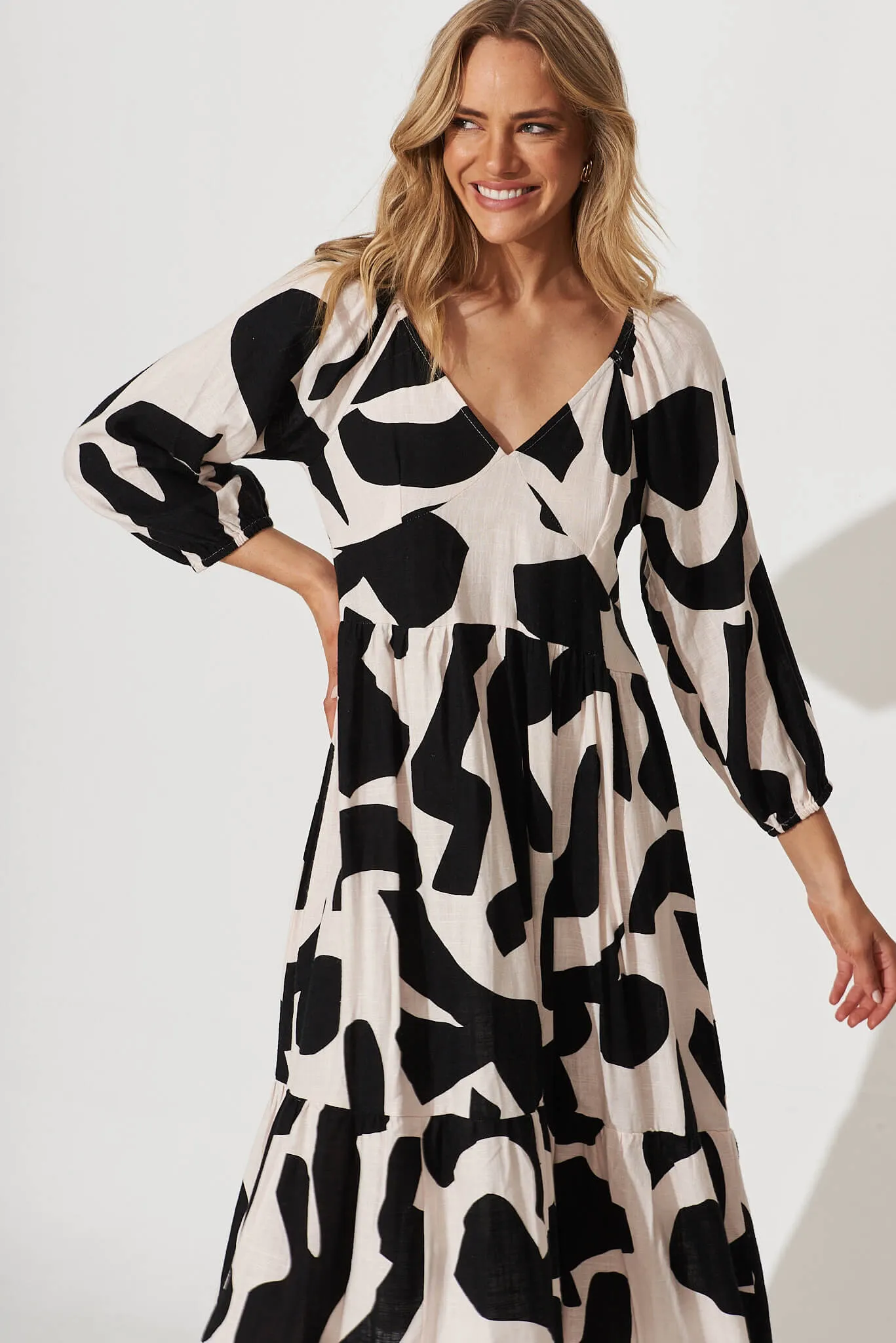 Vega Midi Dress In Cream And Black Geo Print Linen Blend sold by St Frock product image thumbnail 2