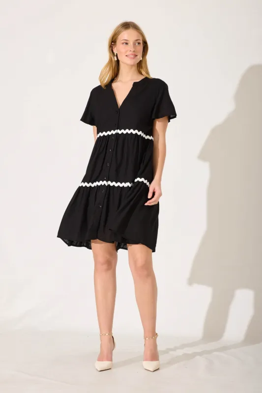 Aloha Smock Dress In Black With Ric Rac Trim Linen Blend sold by St Frock