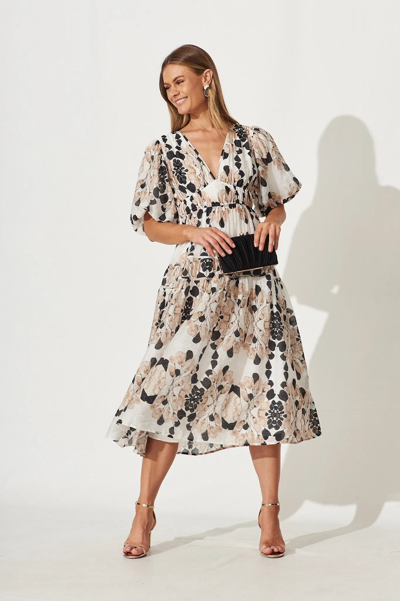 Amalie Midi Dress In Brown Leaf Print sold by St Frock product image thumbnail 5