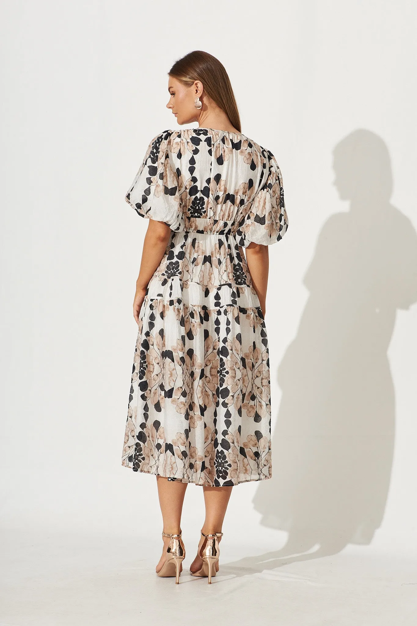 Amalie Midi Dress In Brown Leaf Print sold by St Frock product image thumbnail 4