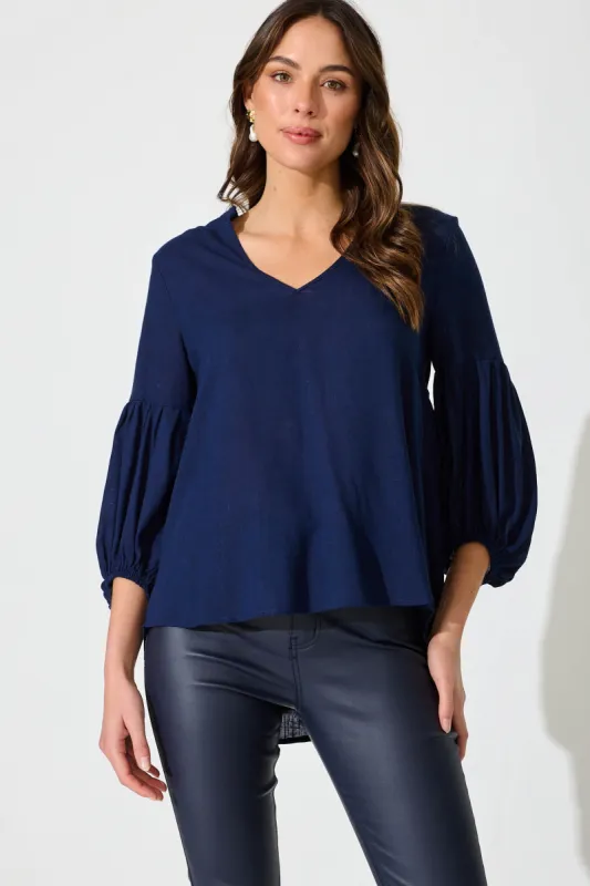 Jasper Top In Navy Linen Blend sold by St Frock