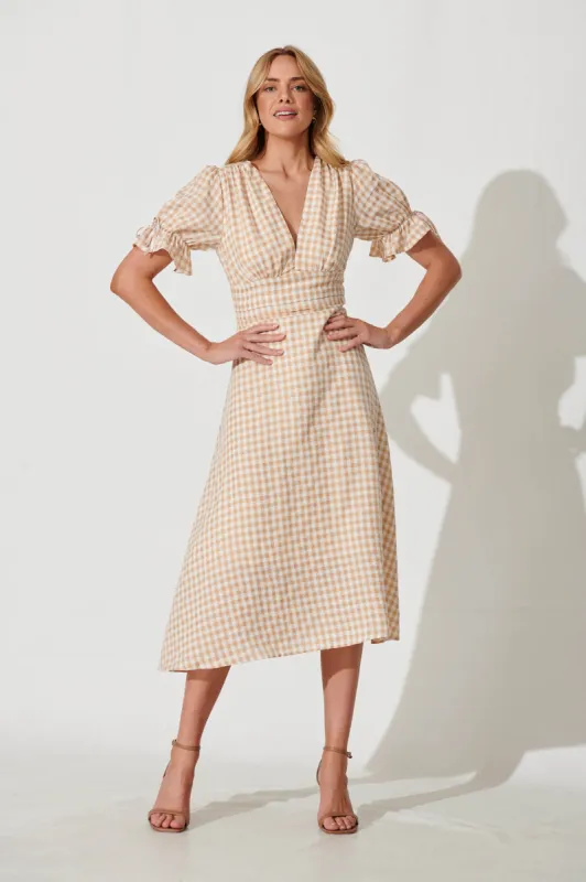 Sunrays Midi Dress In Beige Gingham Check Cotton Blend sold by St Frock