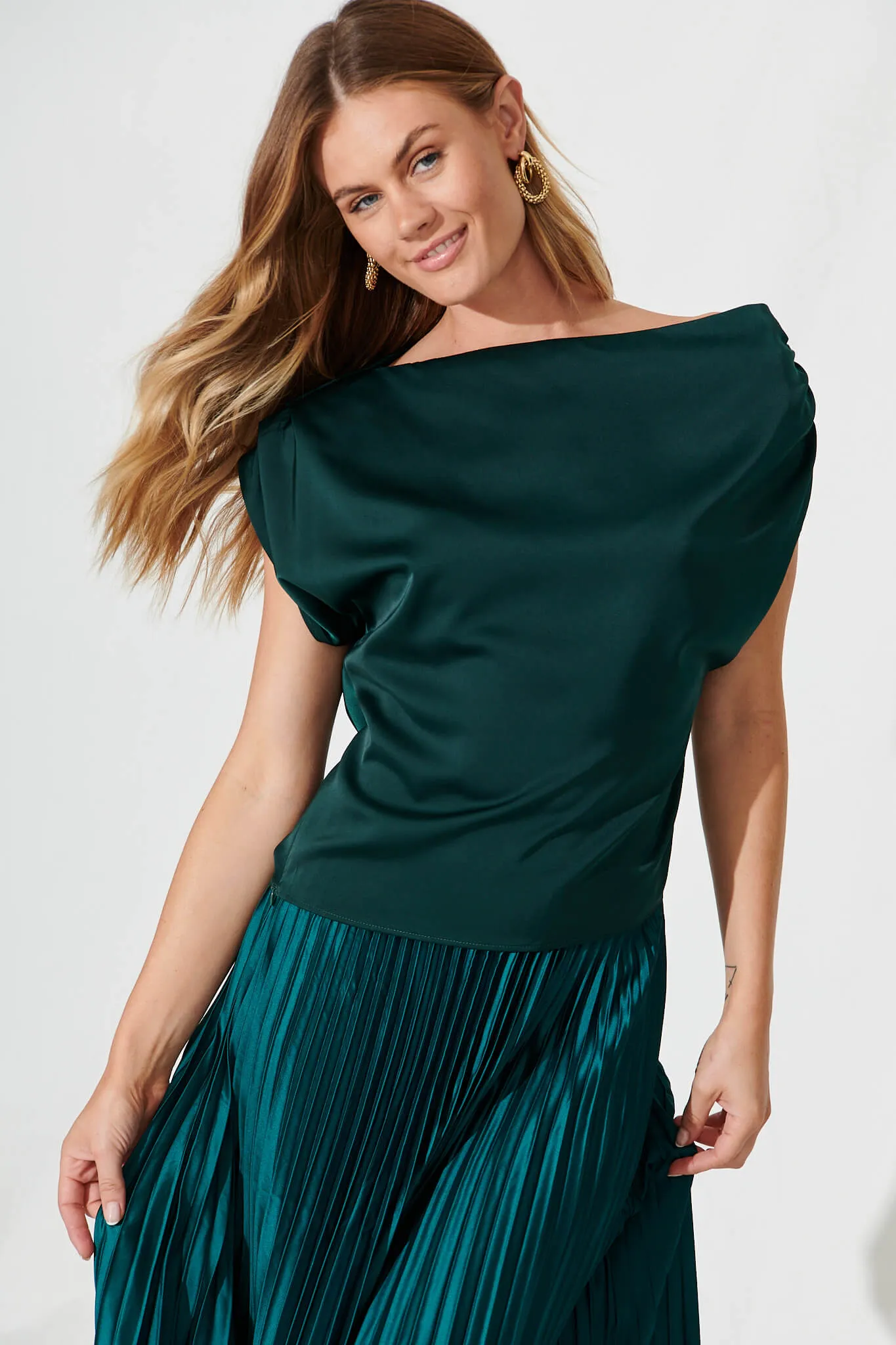 Liana Off Shoulder Top In Emerald Satin sold by St Frock product image thumbnail 2