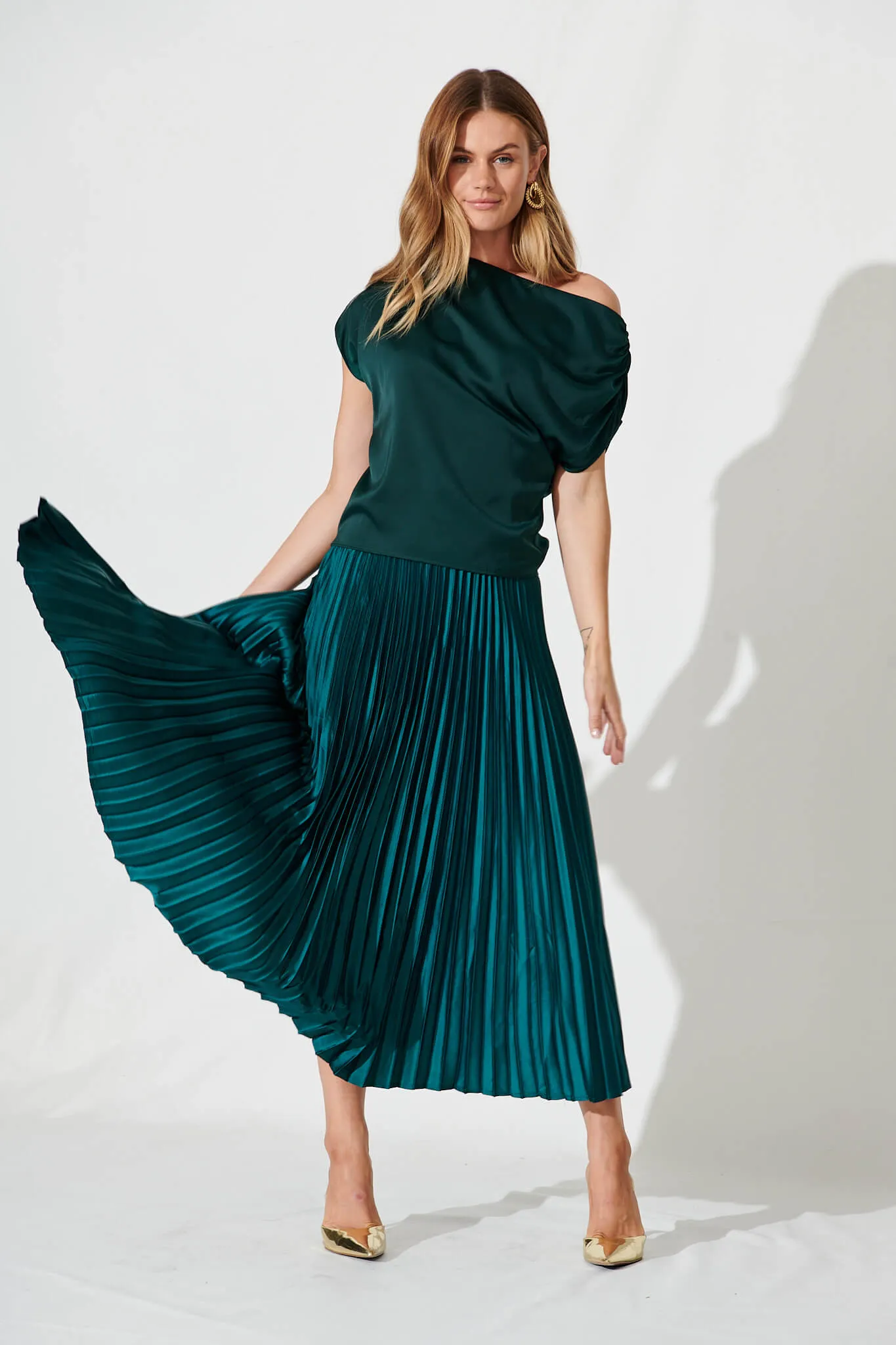Liana Off Shoulder Top In Emerald Satin sold by St Frock product image thumbnail 5