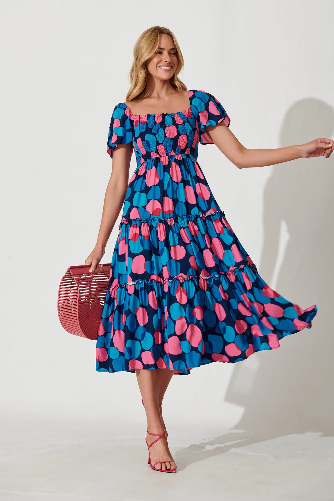 Kerrie Midi Dress In Blue With Pink Spot sold by St Frock