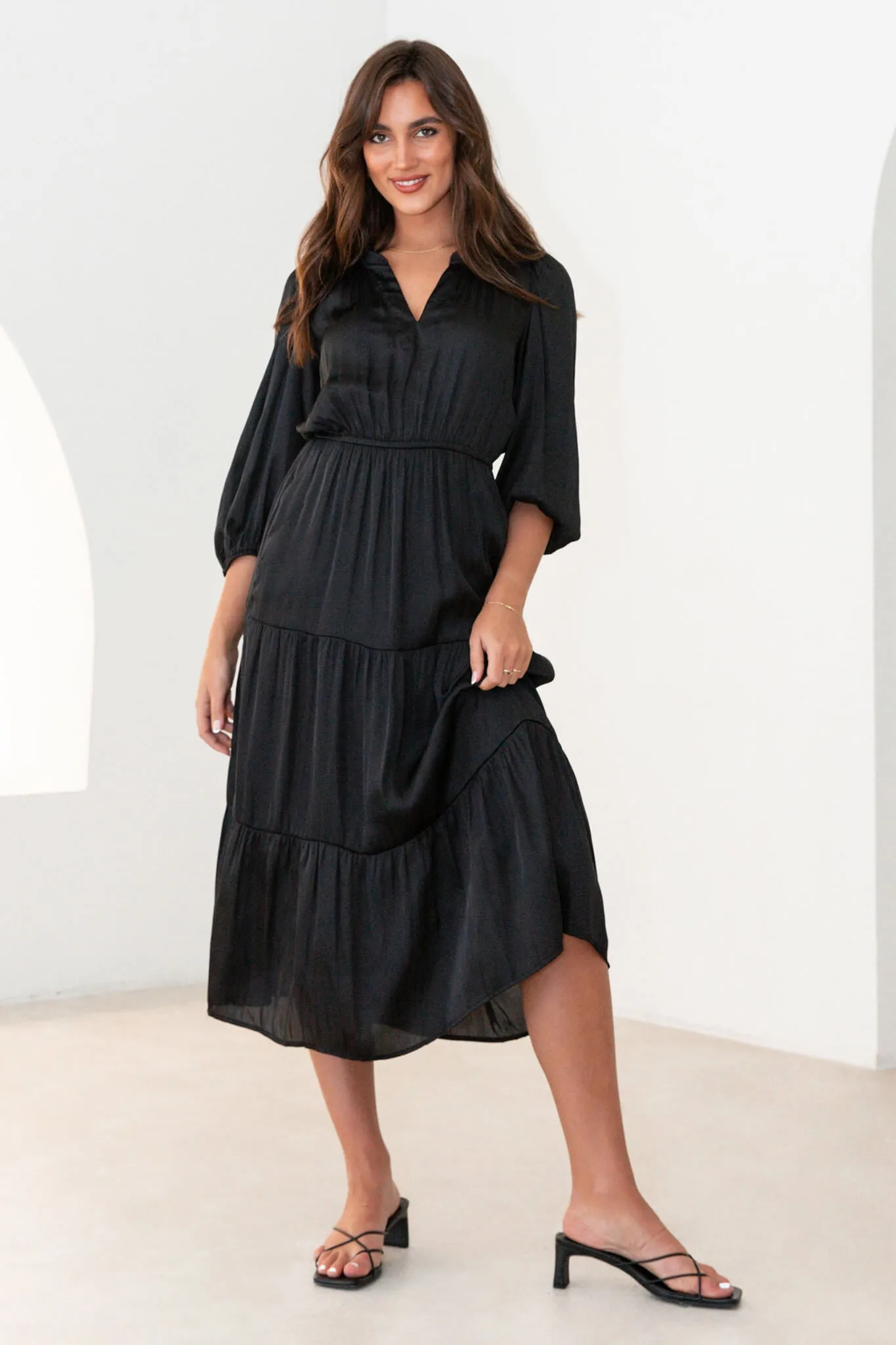 Marisol Midi Dress In Black Satin sold by St Frock