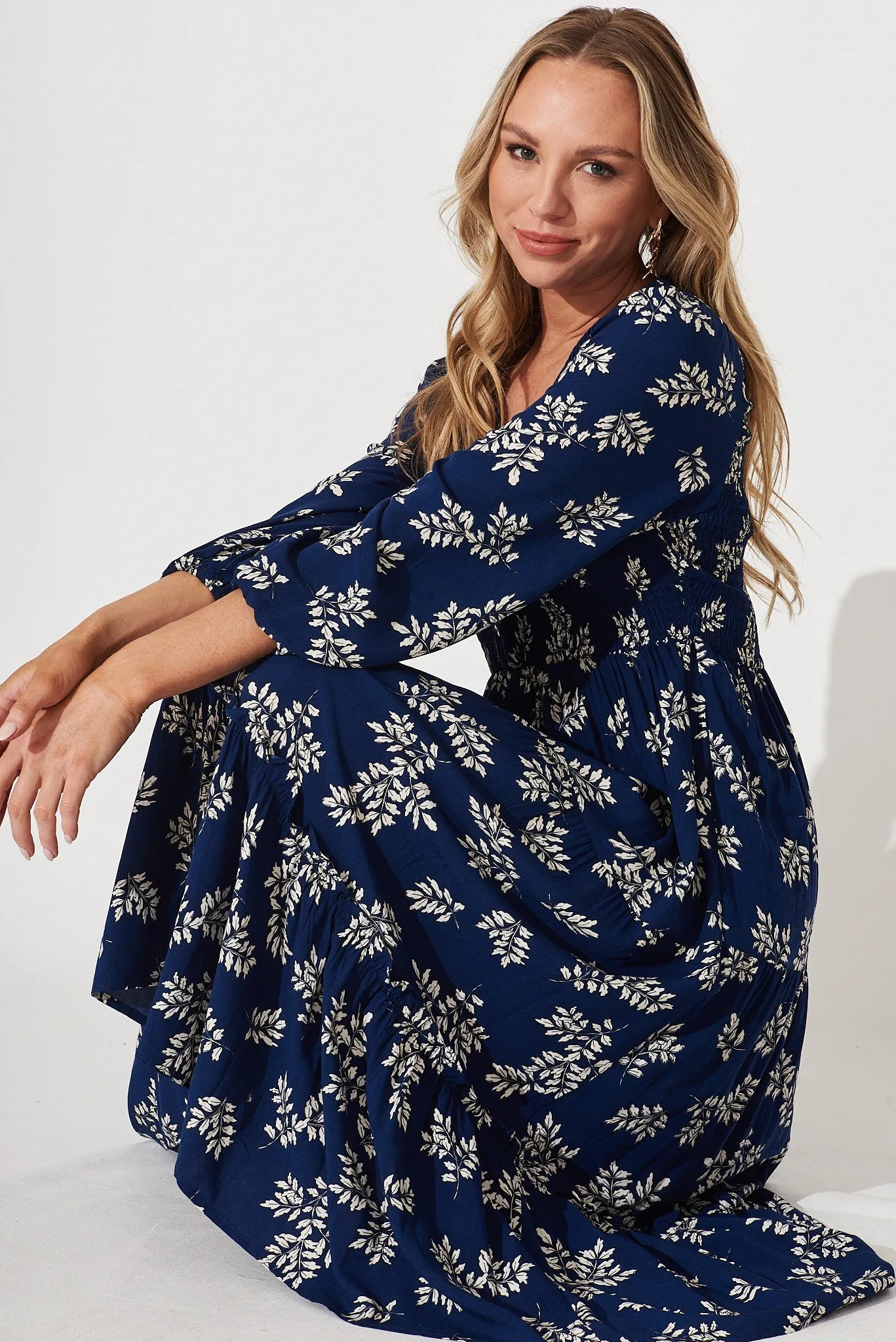 Vivian Midi Dress In Navy With White Leaf sold by St Frock product image thumbnail 5