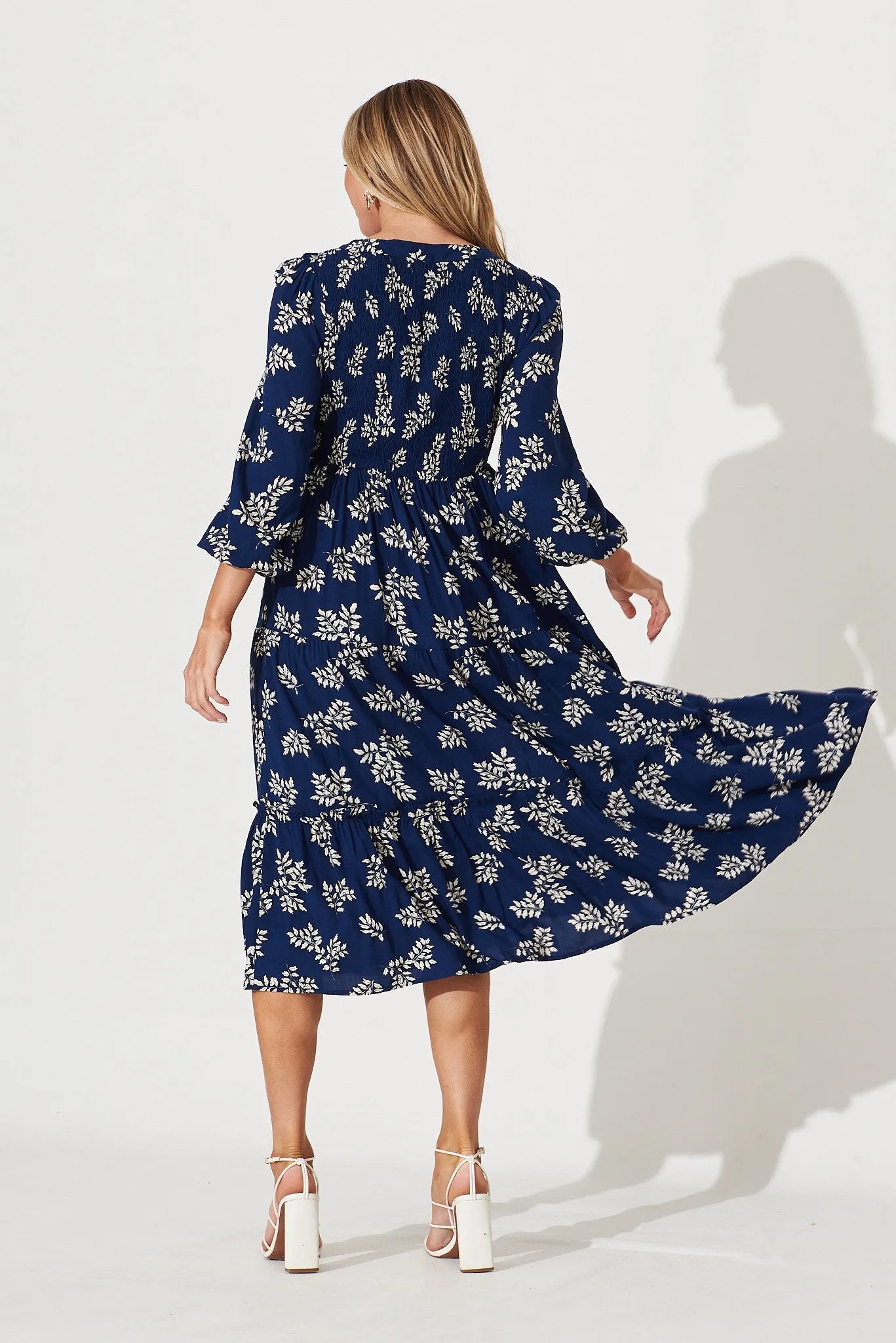 Vivian Midi Dress In Navy With White Leaf sold by St Frock product image thumbnail 4