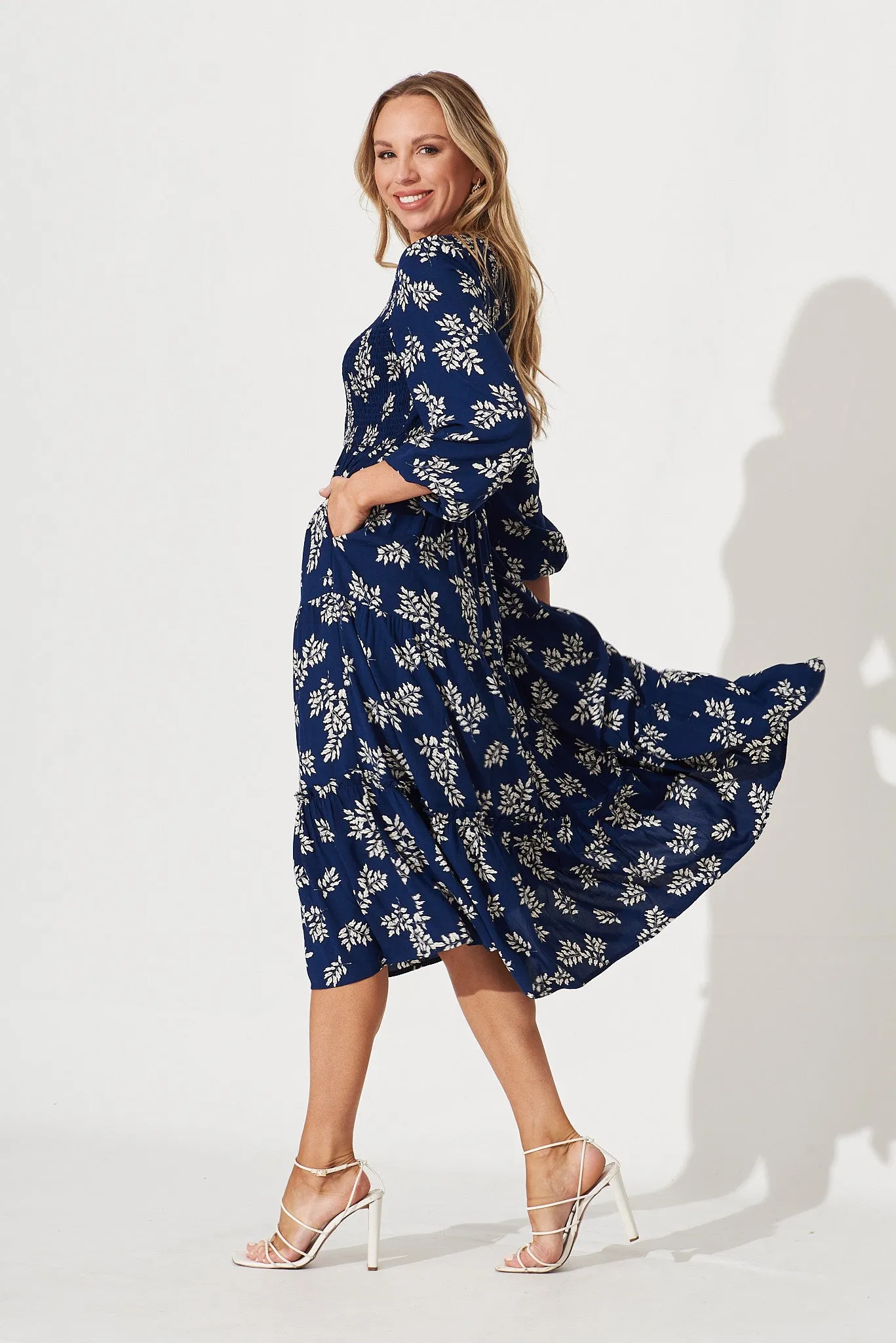 Vivian Midi Dress In Navy With White Leaf sold by St Frock product image thumbnail 3