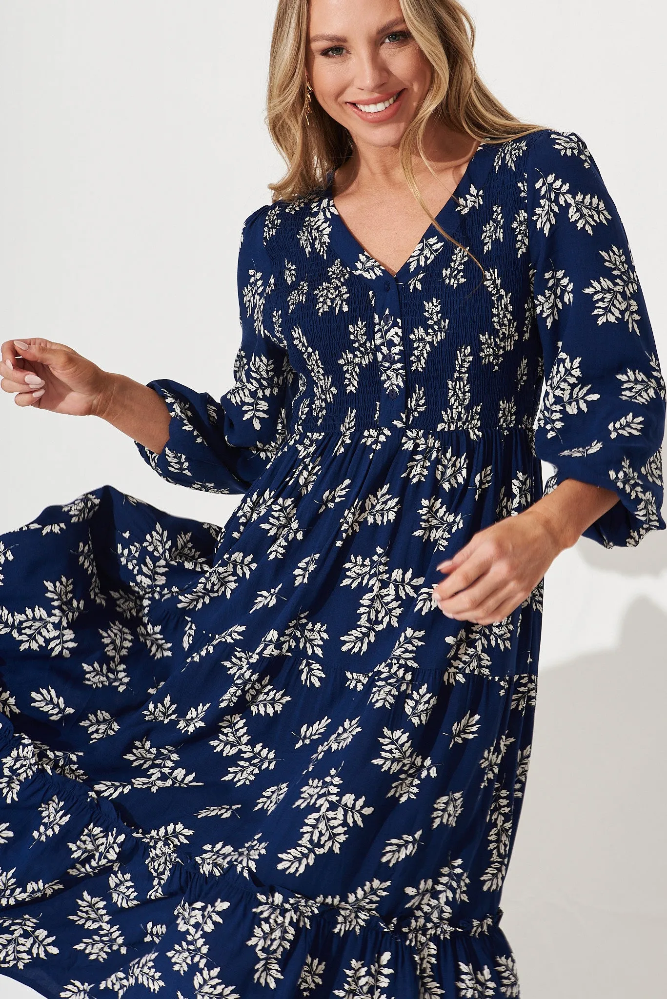 Vivian Midi Dress In Navy With White Leaf sold by St Frock product image thumbnail 2