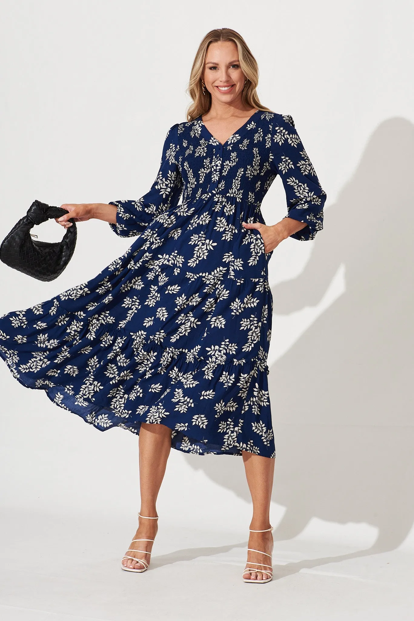 Vivian Midi Dress In Navy With White Leaf sold by St Frock