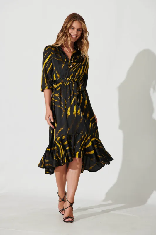 Jemimah Midi Dress In Black With Yellow Print sold by St Frock