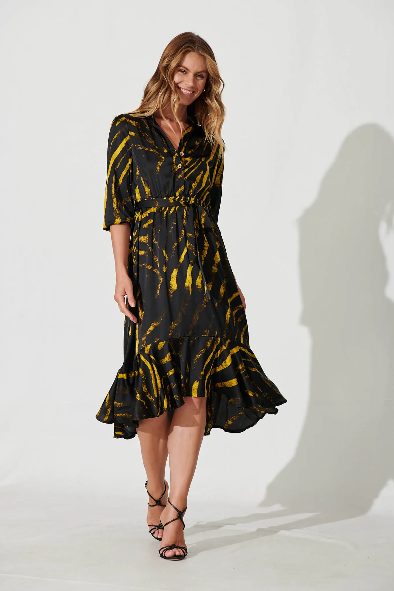 Jemimah Midi Dress In Black With Yellow Print sold by St Frock