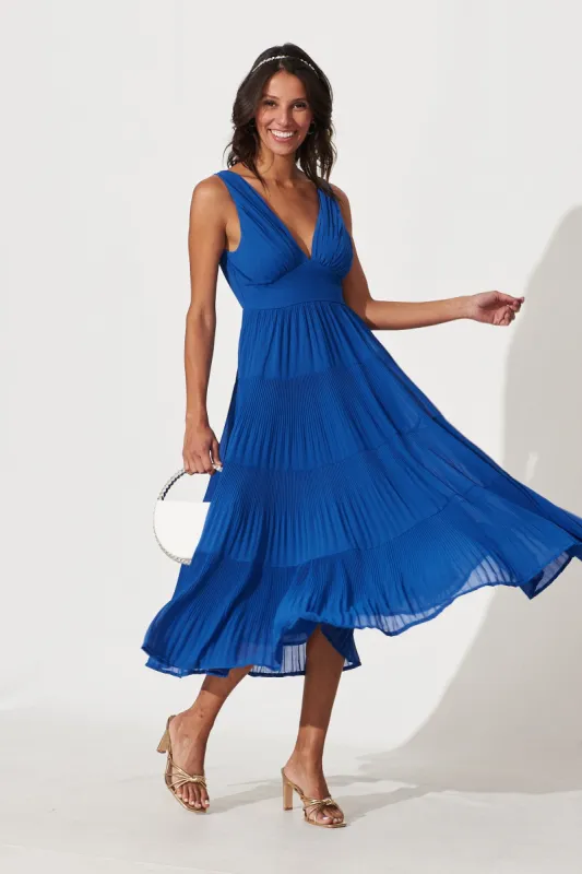 Naomi Midi Dress In Cobalt Pleated Chiffon sold by St Frock