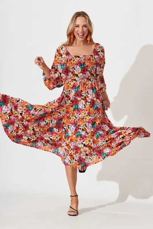 Ashley Midi Dress In Black With Multi Floral sold by St Frock