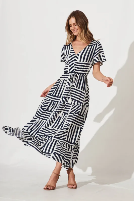 Yara Maxi Dress In Navy And White Geo Print sold by St Frock