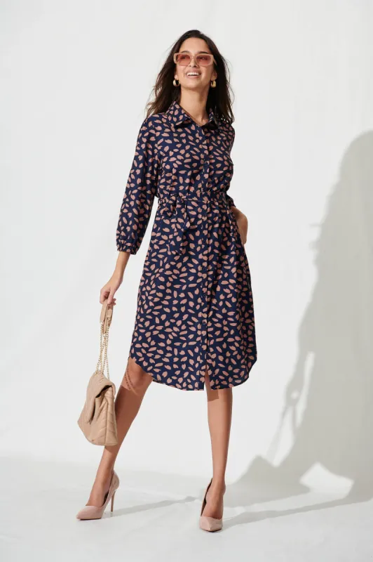 Maddington Shirt Dress In Navy With Rust Leaf sold by St Frock