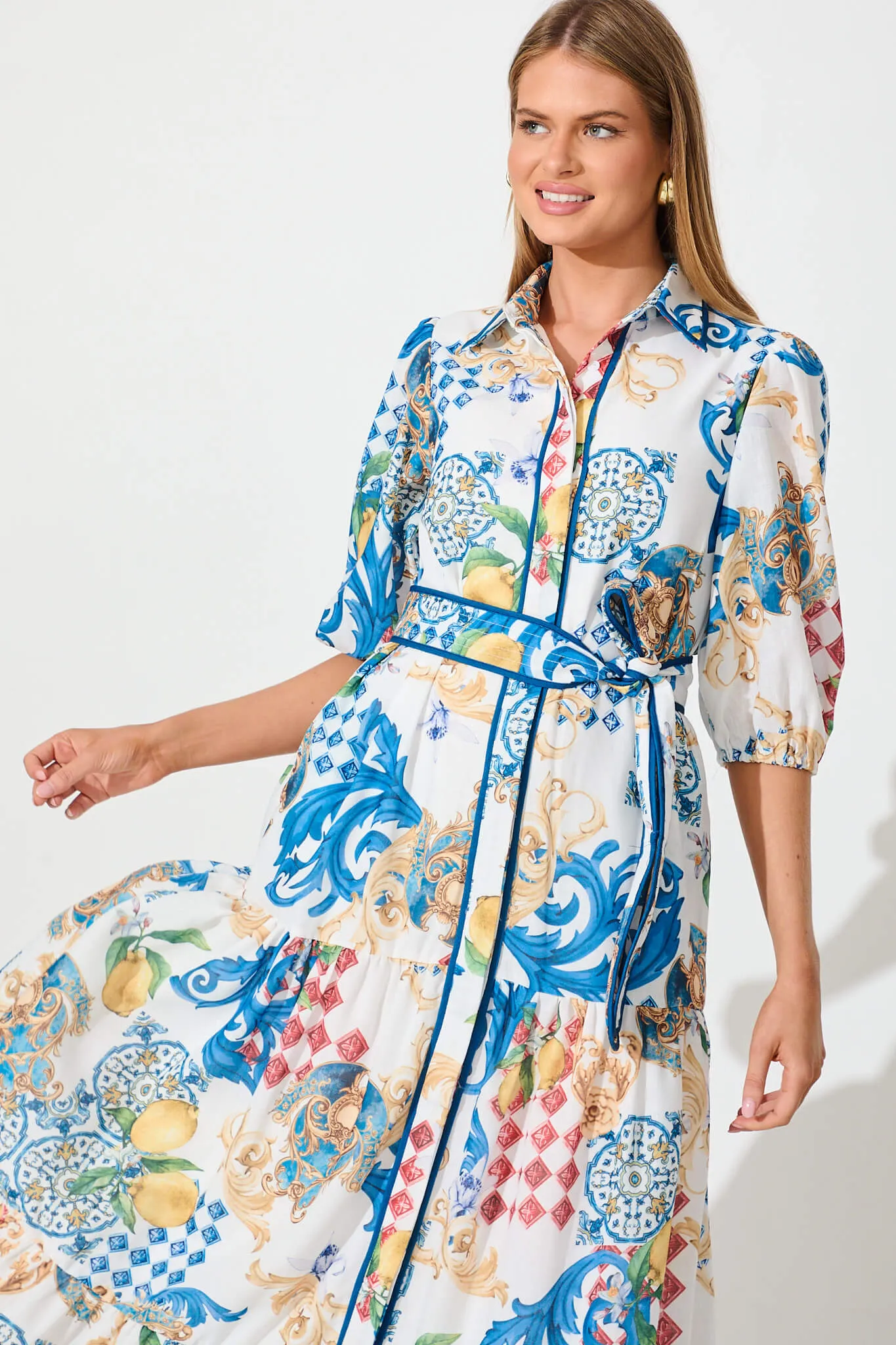 Pasadena Maxi Shirt Dress In White Multi Linen Blend sold by St Frock product image thumbnail 2