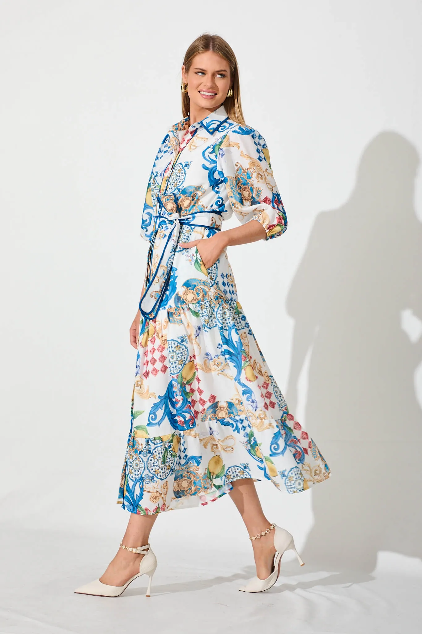 Pasadena Maxi Shirt Dress In White Multi Linen Blend sold by St Frock product image thumbnail 3