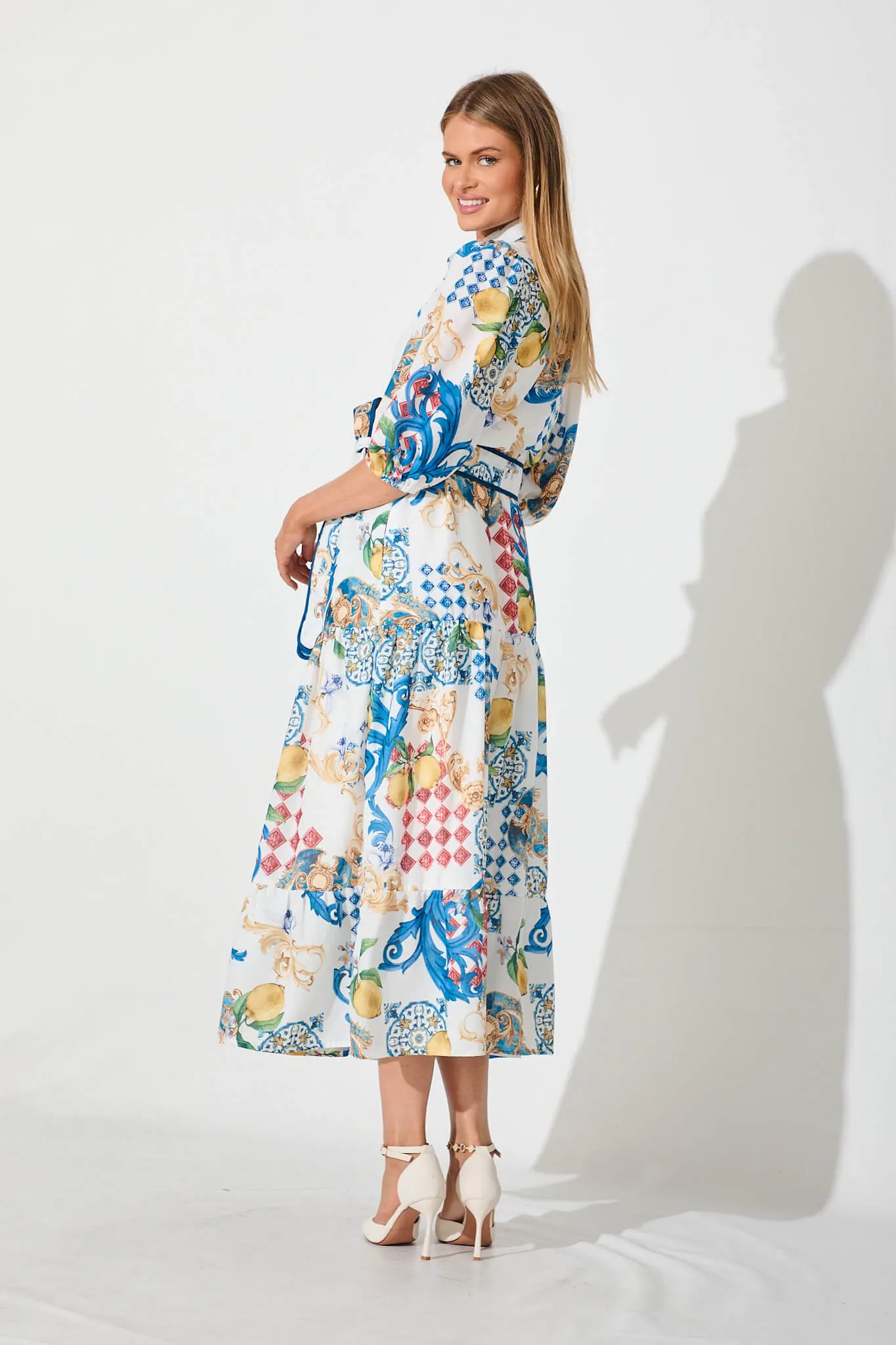 Pasadena Maxi Shirt Dress In White Multi Linen Blend sold by St Frock product image thumbnail 4