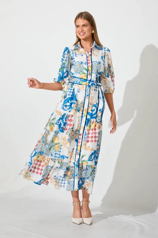 Pasadena Maxi Shirt Dress In White Multi Linen Blend sold by St Frock