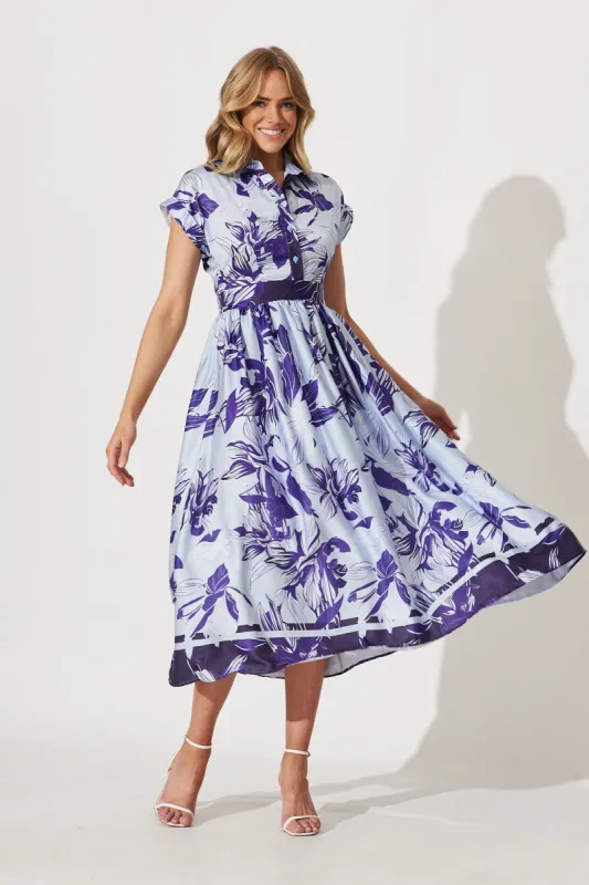 Jodie Midi Dress In Blue Floral Satin sold by St Frock