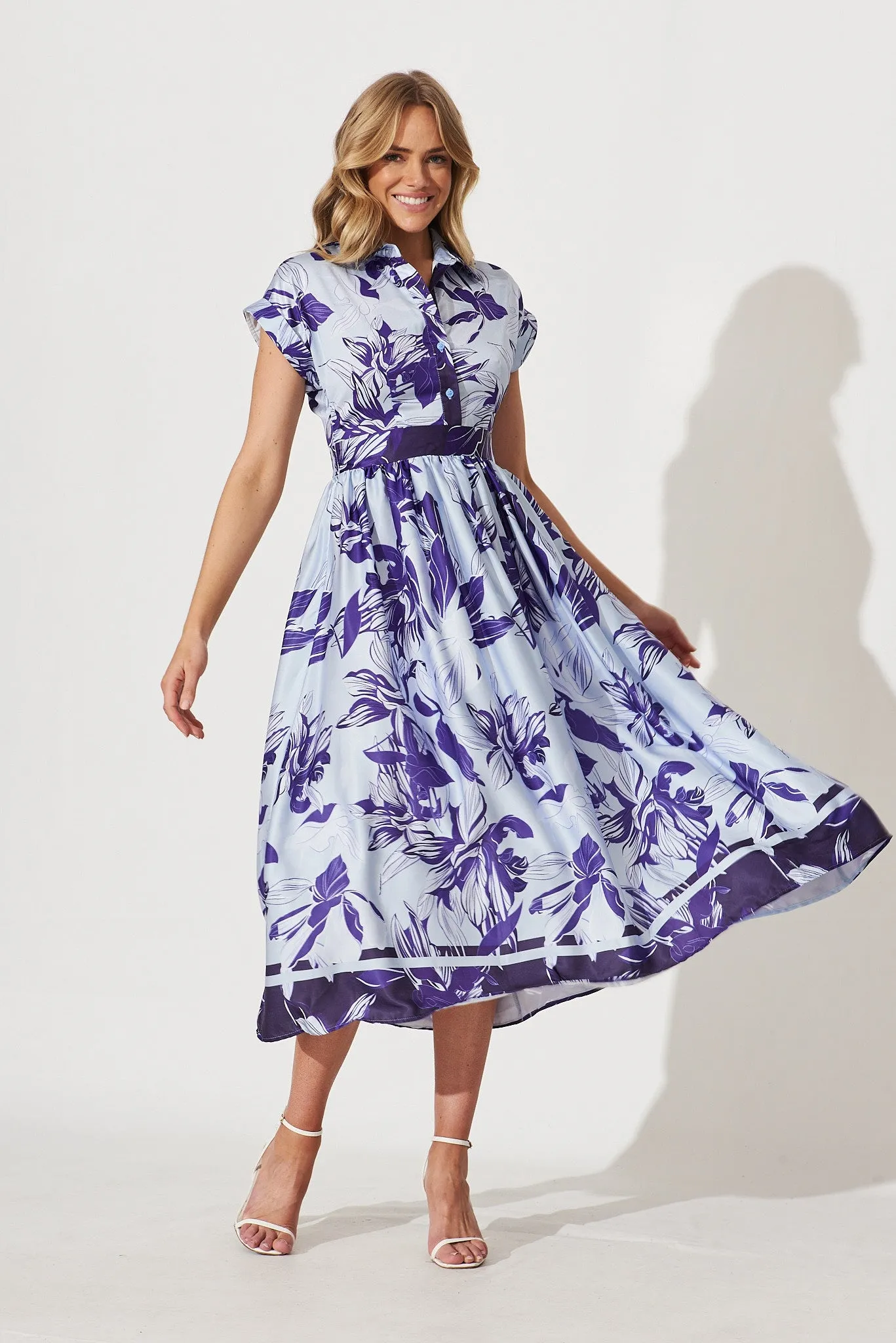 Jodie Midi Dress In Blue Floral Satin sold by St Frock