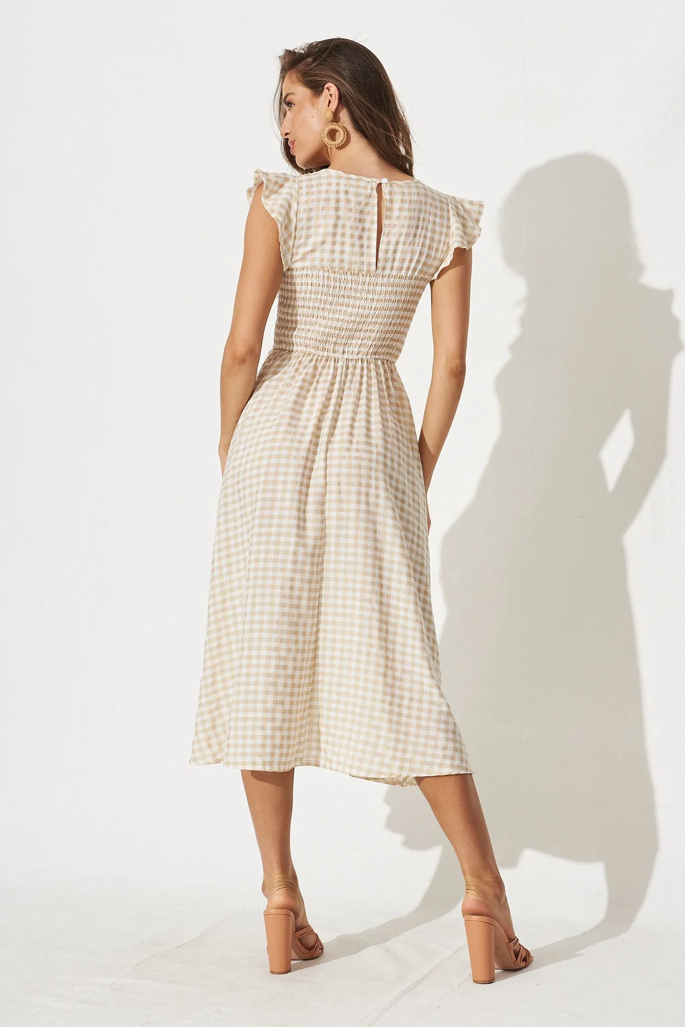 Jeannie Midi Dress In Beige Gingham sold by St Frock product image thumbnail 4