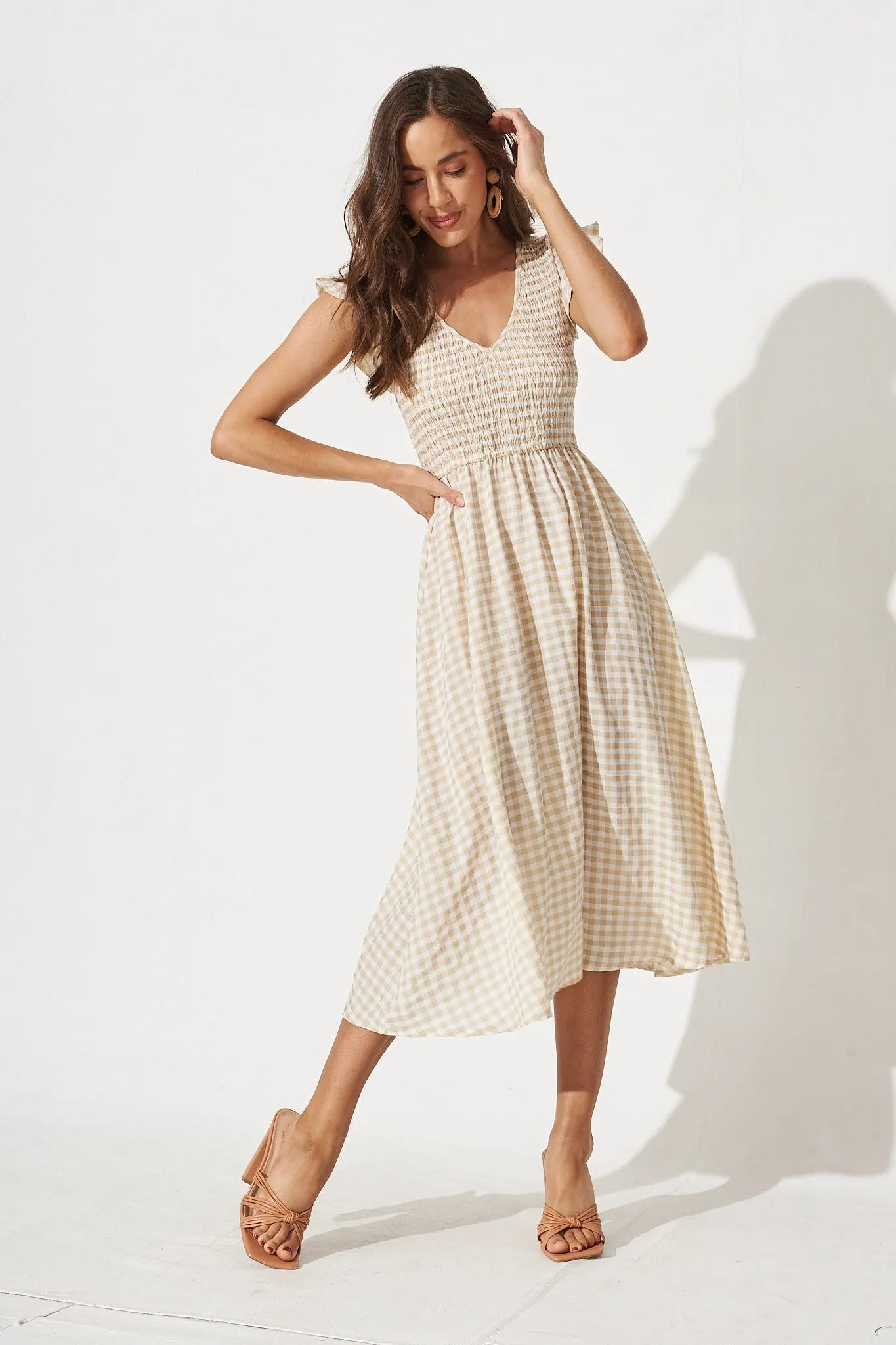 Jeannie Midi Dress In Beige Gingham sold by St Frock