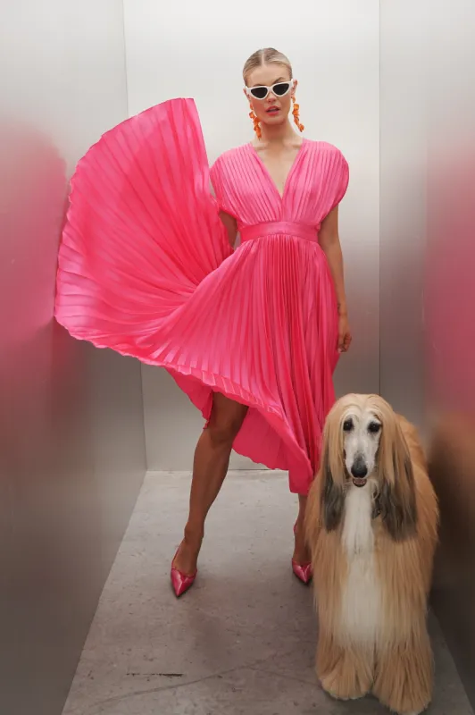 Anetta Midi Dress In Pleated Hot Pink Satin sold by St Frock