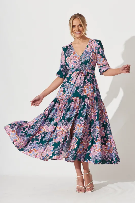 Emilia Maxi Dress In Green With Pink Multi Floral sold by St Frock